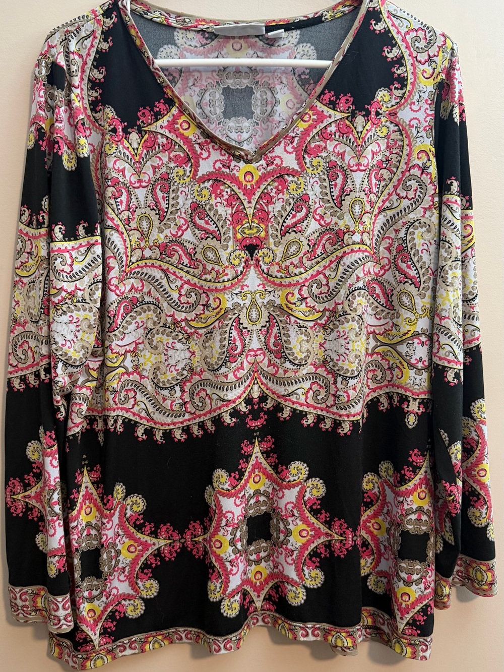 Susan Graver Black V-Neck Long Sleeve Paisley Top with Pink and Yellow Accents - Picture 1 of 6